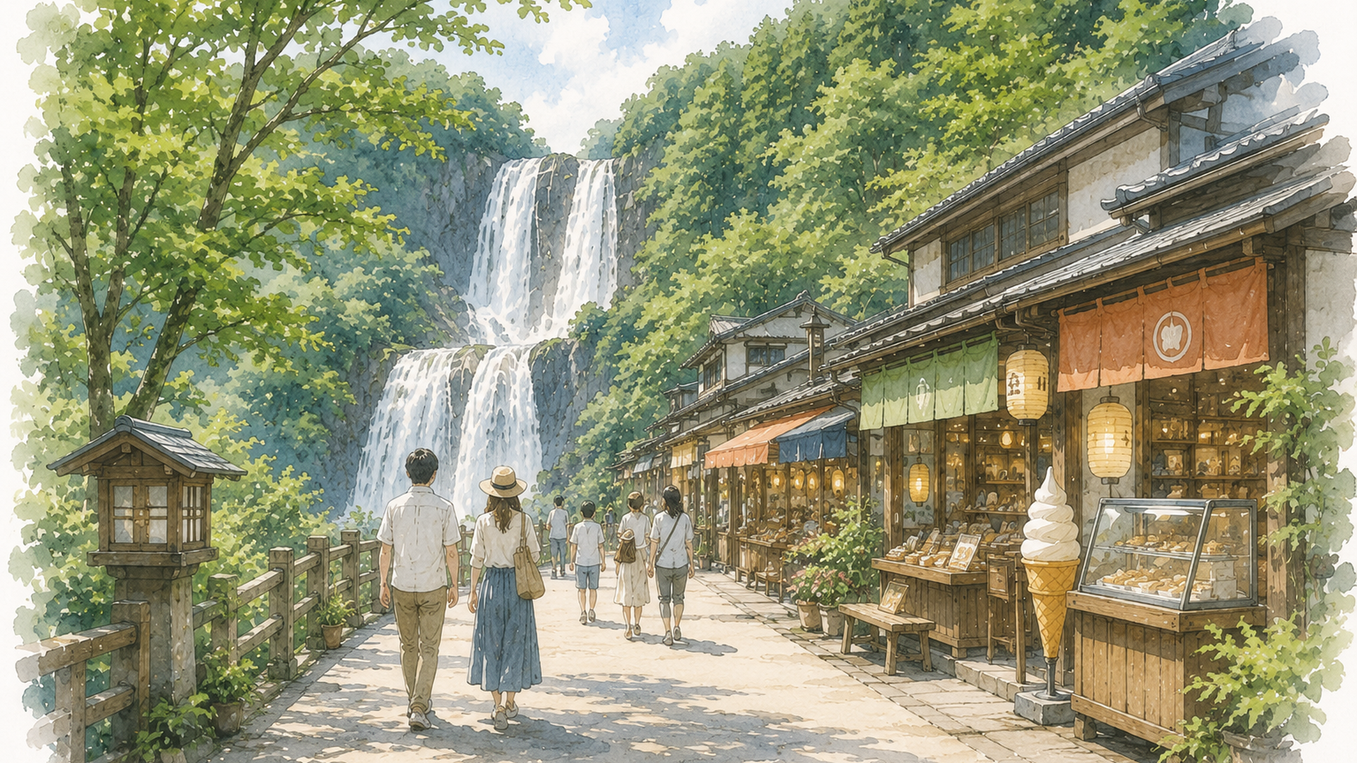 袋田の滝から参道へ続く道と周辺の飲食店