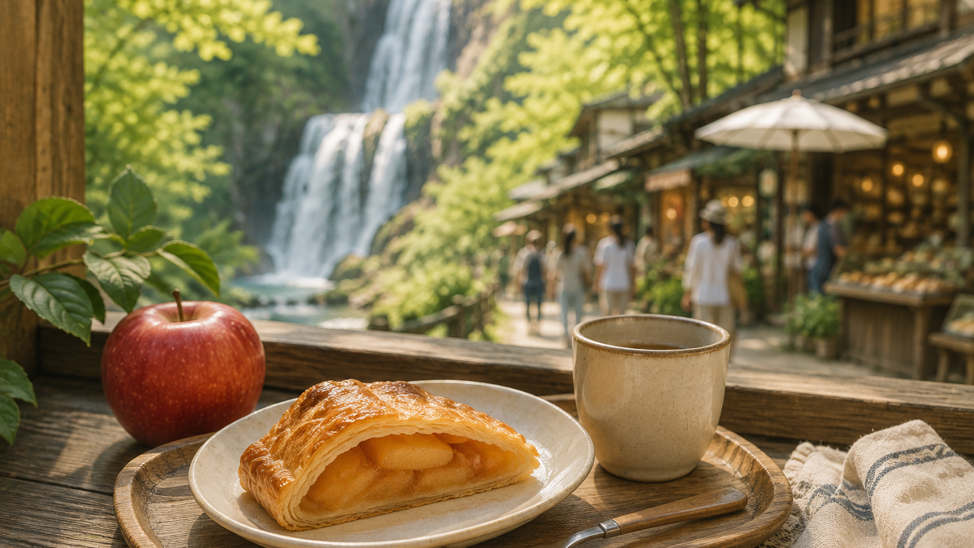 奥久慈りんごを使った焼きたてアップルパイと滝旅の休憩風景