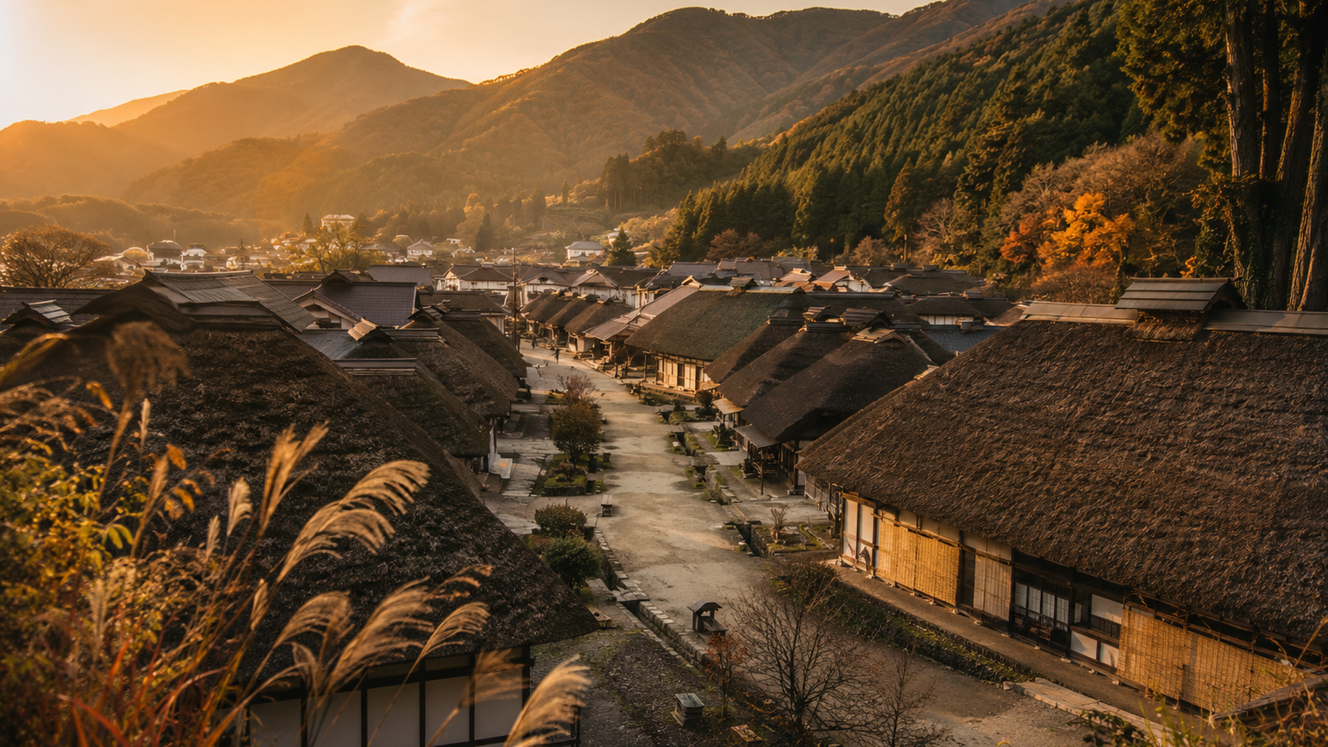地域の人々が協力して茅葺屋根を葺き替えている様子