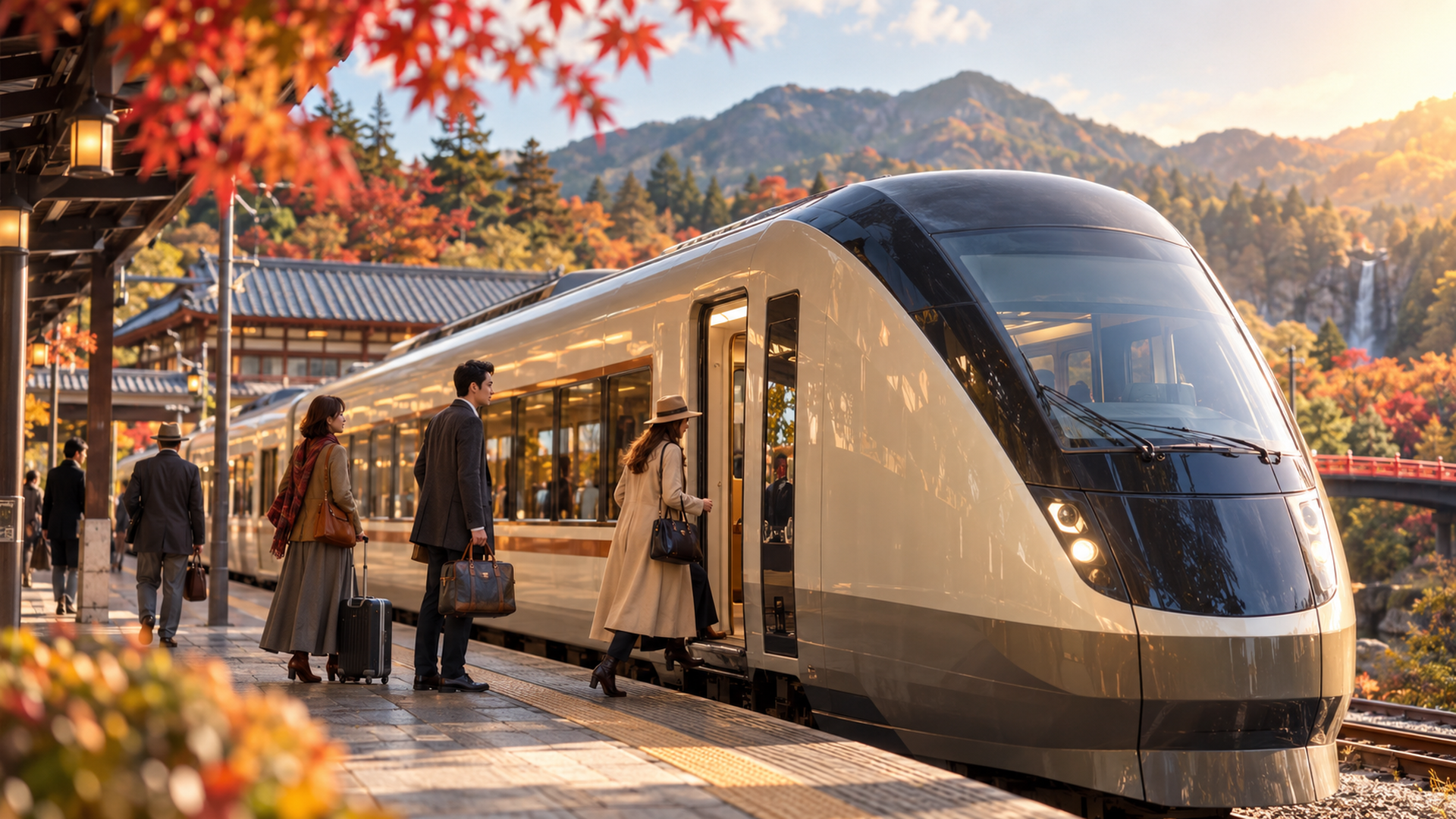 東武特急に乗り込む観光客と鮮やかな紅葉が始まった日光の駅